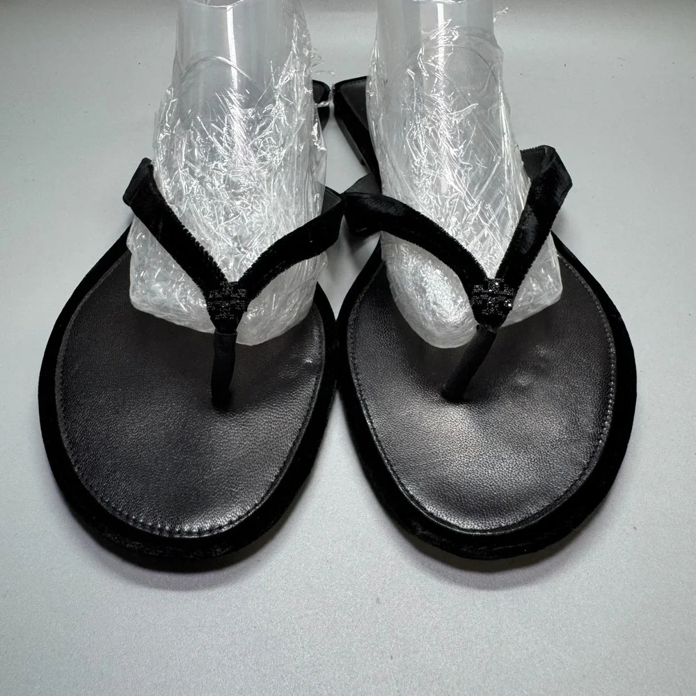 Tory Burch Classic Pave Logo Flip Flop Velvet Napa Leather‎ Black Sz 10 M